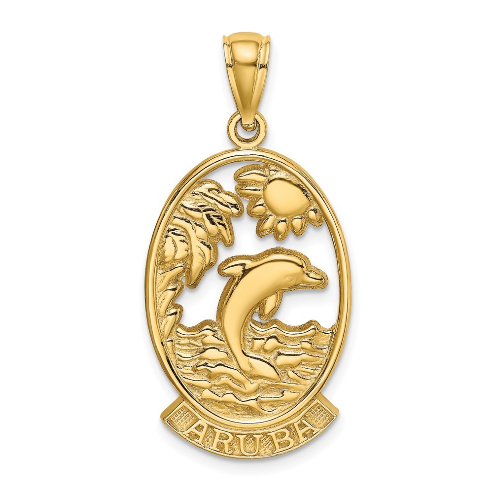 14k Yellow Gold Travel ARUBA with Dolphin Sunset In Frame Necklace Charm Pendant